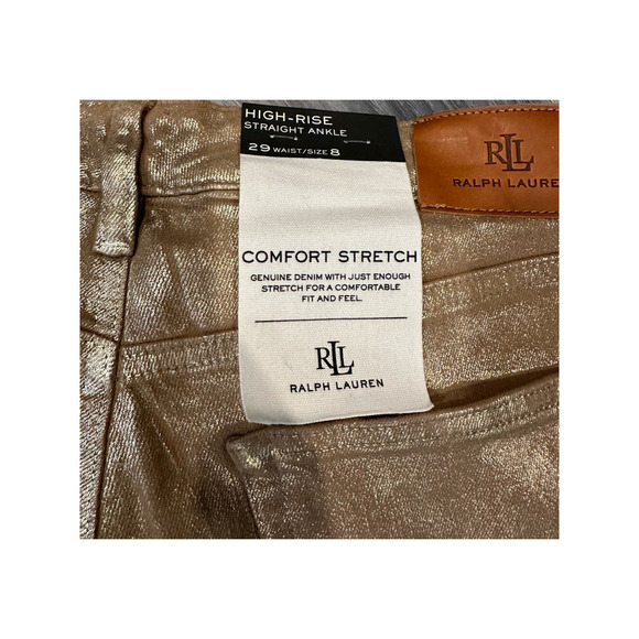 Lauren by Ralph Lauren High Rise Comfort Straight Jeans Belle Wash Metallic Gold - Picture 7 of 10